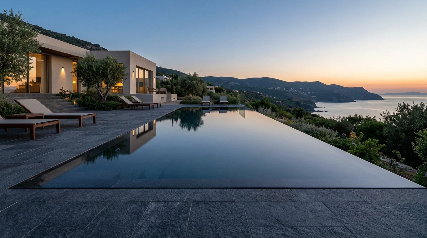 Piscine à débordement face à une pinède, terrasse en bois clair