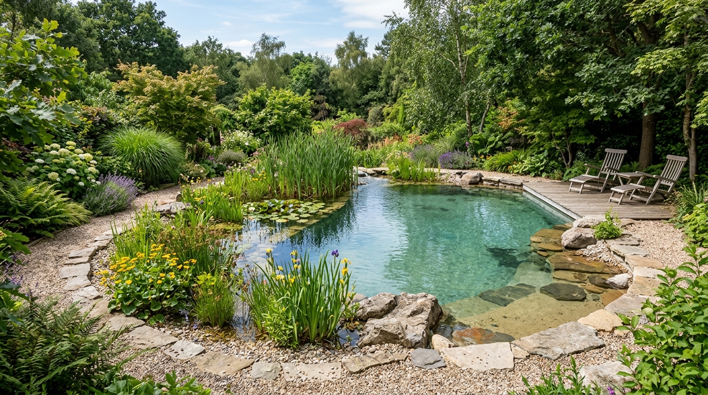 Bassin de baignade naturelle entouré de plantes aquatiques et de graminées